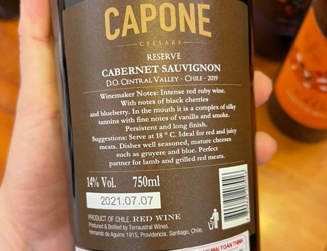 Rượu vang Chile Capone Reserve Cabernet Sauvignon Central Valley được làm 100% từ giống nho Cabernet Sauvignon